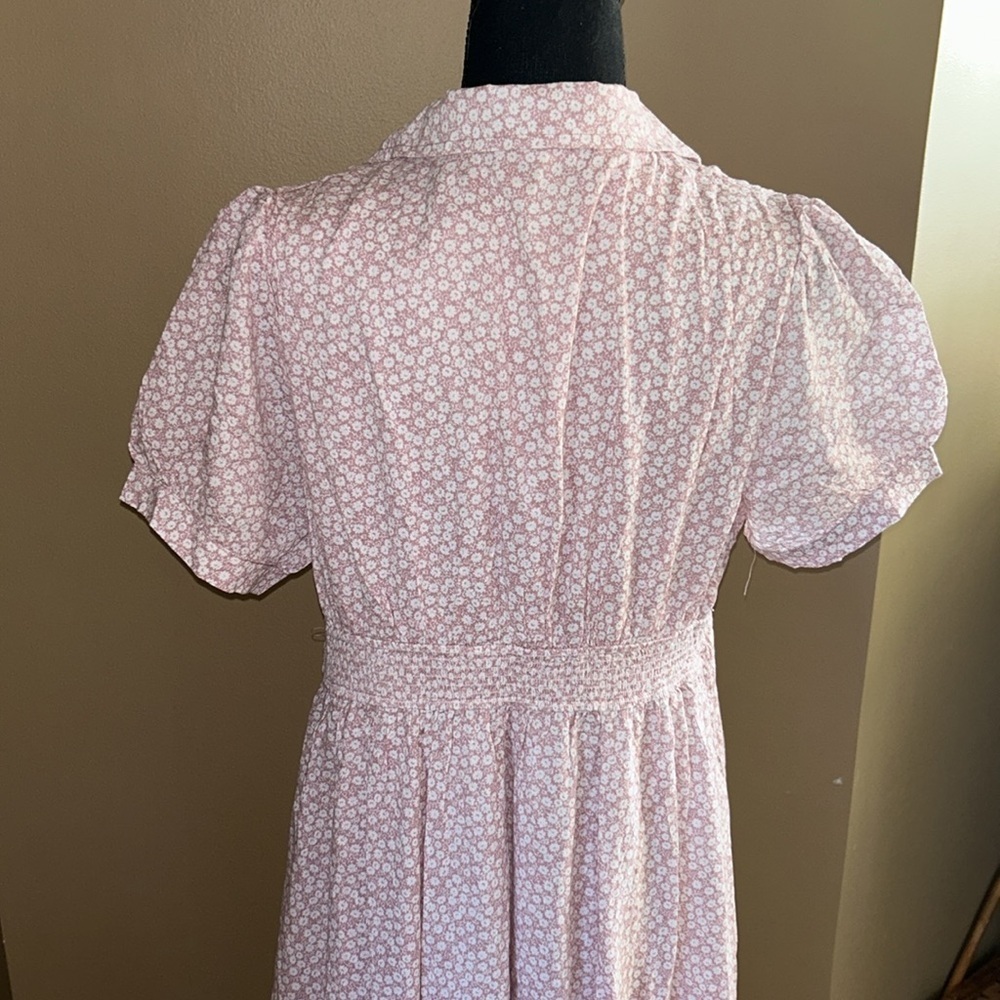 EUC In Loom Soft Pink & White Lined Elise Collared Floral Dress Balloon Sleeve L - Picture 5 of 9